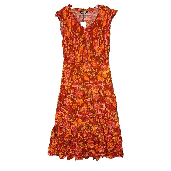 Women Colorful Floral 90s Retro Hippie Boho Girly Smocked Tiered Maxi Dress L - Picture 1 of 14